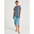 Capri-Pyjama CALIDA, Damen, Gr. S (40/42), blau (blau topaz), Single Jersey, Obermaterial: 100% Baumwolle, gemustert, unifarben, casual, loose fit 3/4-Länge, Rundhals, Kurzarm, Homewear-Sets, mit Rundhalsausschnitt und überschnittenen Schultern