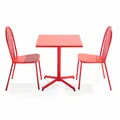 Set aus Gartentisch mit quadratischer Neigung, 2 roten Bistrostühlen - Oviala Palavas