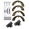 BESTPRICE Bremsensatz Hinterachse inkl. 4x Bremsbacken Hinterachse für Trommelbremse 2x Radbremszylinder (Grauguss) 1x Montagesatz
