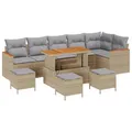 vidaXL 10-teiliges Garten Sofa Set mit Kissen Beige Poly Rattan Akazie, 4-teiliges Gartentisch Set mit Kissen Beige Poly Rattan Akazie