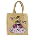 Domelo Kinder Handtasche vegane Jute Schultertasche kleine Mädchenhandtasche Jutetasche bedrückte Korb Mädchen Tragetasche Süße Kleinkinder Kindertasche Jutebeutel als Coole Geschenk (Prinzessi)