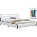 Juskys Polsterbett Sevilla 180 x 200 cm weiß – Bettgestell mit LED Beleuchtung, Lattenrost & Kopfteil – Kunstleder & Holz – Bett Doppelbett - Weiß