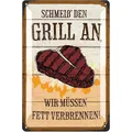 LANOLU Retro Blechschilder Grillen - SCHMEIß DEN GRILL AN wir müssen Fett verbrennen - BBQ Grill Retro Deko, Grillplatz Schild Garten, Papas Grillecke Schild - Metallschilder 20x30 cm