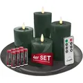 Candela Lights LED Kerzen 4er Set Winter Kollektion Echtwachs Stumpenkerzen grün inkl. Fernbedienung, Dekoteller & Batterien Timer & dimmbar