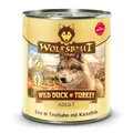 WOLFSBLUT – Wild Duck & Turkey Adult | Nassfutter mit natürlichen Zutaten und Superfoods für ausgewachsene Hunde. Getreidefreies Alleinfutter ohne Zusatzstoffe in der Dose | 6x800g