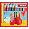 Stabilo Buntstifte woody 3 in 1, 880/15-01, Multitalent-Stifte, Tischset mit Spitzer, 15 Stück