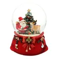 Dekohelden24 Große Schneekugel, Weihnachtsmann mit REH und Tannenbaum, mit Sound, auf aufwendig dekoriertem Sockel, Maße L/B/H: 10 x 10 x 14 cm Kugel Ø 10 cm