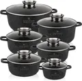 Zilner Topf-Set Schöne Schwarze Töpfe in 6 verschiedenen Größen, Steinbeschichtung, Keramik, Aluminium, Edelstahl, Aluminiumguss (Passt in jede Küche! 1.4L / 2.4L / 3.3L / 4.5L 6.7L, 12-tlg., Es ist eine perfekte Geschenkidee für jeden Anlass), Innovative Aroma Knob-Griffe