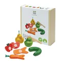 PlanToys Wonky Obst & Gemüse Set - Fruit Set 6-teilig - Kinderküche Zubehör aus Holz - Früchte sind schneidbar mit Klettverschluss-System