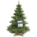 FairyTrees Weihnachtsbaum künstlich 150cm NORDMANNTANNE mit Christbaum Holzständer |  Tannenbaum künstlich mit grünem Stamm |  EU