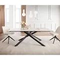 DELIFE Esstisch Edge 200x100 Keramik Calacatta Luxe Weiß-Gold-Grau Kreuzgestell Rechteck Schwarz, Esstische