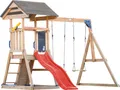 AXI Mia Spielturm aus Holz in Braun mit Doppelschaukel | Spielplatz für Kinder mit roter Rutsche, Schaukel, Kletterwand & Sandkasten | Stelzenhaus für den Garten