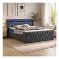 Juskys Boxspringbett Leona Samt 180x200 cm in Grau - mit LEDs, Topper & H4-Federkern-Matratzen