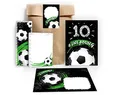 12 Einladungskarten zum 10. Kindergeburtstag zehnte Geburtstag Jungen Fussball Fußball incl. 12 Umschläge, 12 Tüten/natur, 12 Aufkleber, 12 Lesezeichen, 12 Blöcke
