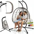 Juskys Doppelhängesessel Aria - Polyrattan Hängesessel mit Gestell & Kissen - Beige - Beige