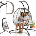 Juskys® Doppelhängesessel Aria - Polyrattan Hängesessel mit Gestell & Kissen - Schaukel für Zwei Personen - Outdoor Indoor Sessel - XXL Korb Beige