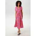 Sommerkleid ANISTON CASUAL, Damen, Gr. 44, N-Gr, pink (pink, royalblau, smaragdgrün, orange, rot, weiß, fuchsia), Single Jersey, Obermaterial: 95% Viskose, 5% Elasthan, bedruckt, geblümt, festlich, figurumspielend wadenlang, V-Ausschnitt, Kleider Sommerkleid, mit kunstvollen Blüten und Blättern bedruckt