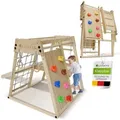 Mini Klettergerüst Für Kinder - Indoor Spielplatz Mit Rutsche, Kletterwand, Kletternetz & Turnringe - Holz Kletterturm Klappbar - Natur - Klein - Juskys