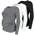 Umstandsshirt 3er Set unifarben Umstandsmode Schwangerschaft Schwangerschaftsshirt, Langarm (Schwarz, Weiß, Dunkelgrau, Medium)