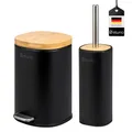 eluno Badezimmer Zubehör Set FRAMURA 2tlg. bestehend aus 1 Kosmetikeimer mit Soft-Close Deckel und 5 Liter Fassungsvermögen und 1 WC-Garnitur, aus Metall mit Bambusdeckel (Schwarz)
