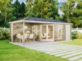 Alpholz 5-Eck Gartenhaus Liwa mit Anbau aus Holz in Naturbelassen mit 28mm Wandstärke und Überdachter Terrasse