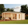 5-eck Gartenhaus Liwa Mit Anbau Gartenhaus Aus Holz, Holzhaus Mit 28 Mm Wandstärke Inklusive Terrasse, Blockbohlenhaus Mit Montagematerial - Alpholz