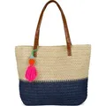 styleBREAKER Damen Bast Strandtasche 45 x 13 x 46 cm mit Reißverschluss | Zweifarbige Korbtasche mit Quaste | Flechttasche mit langen Henkeln für... - Beige
