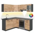 Vicco Rick Eckküche Anthrazit/Goldkraft Eiche 187 x 167 cm AP Schwarz mit LED-LeistenRick ohne E-Geräte