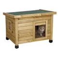 Kerbl Katzenhaus Rustica aus Holz, Schwingtüre mit Lamellen, Plexiglasfenster, Höhenverstellbare Kunststofffüße, Braun/Grün, 57 x 45 x 43 cm