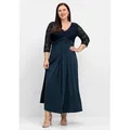Abendkleid SHEEGO "Abendkleid", Damen, Gr. 58, Normalgrößen, blau (nachtblau), 95% Polyester, 5% Elasthan, Spitze:100% Polyamid, unifarben, lang, V-Ausschnitt, 3/4-Ärmel, Kleider