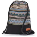 By Bers Leon großer Premium Turnbeutel mit Innentaschen Rucksack Tasche Damen Herren Teenager Gym Bag Draw String 45x34cm für Sport Reise Alltag Einkauf (TB_Boho_Schwarz_009)