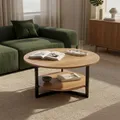 skølm Drakkar Couchtisch rund Ø70 cm – Wohnzimmertisch aus Massivholz Eiche & Metallgestell – Sofatisch mit 2 Ablagen – Kleiner Beistelltisch geölt – Holztisch Wohnzimmer mit Stauraum – Coffee Table