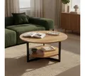 skølm Couchtisch Drakkar aus Massivholz Eiche mit Metallgestell, Wohnzimmertisch Ø70 cm mit 2 Ablageflächen