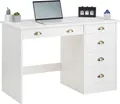 Schreibtisch LANA mit 5 Schubladen, Weiß - Bürotisch aus Massivholz im Landhausstil, klassisches Design, Bürotisch mit Muschelgriffen