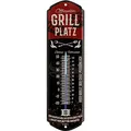 LANOLU Retro Blechschild GRILLPLATZ THERMOMETER - GRILL Schild Garten außen - Deko Garten Vintage Schilder - Blechschild Grill Geschenke Schild aus Metall mit Wölbung 8x28cm