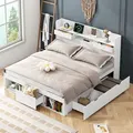 Odikalo Stauraumbett Doppelbett Jugendbett mit USB Schublade Stauschrank 140x200cm Weiß