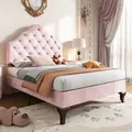 Polsterbett, 90x200 cm, Einzelbett mit Lattenrost, Kinderbett, Jugendbett, gepolsterter Kopfteil höhenverstellbar, Bezug aus Samt - Rosa