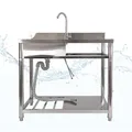 Lemodo freistehender Edelstahl Spültisch mit Wasserhahn, Kalt-Warm-Anschluss & Ablagefläche, mobiles Waschbecken mit Spritzschutz und Überlauf, Spüle für Outdoorküche, Garten, Werkstatt & Gastro