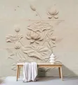 Vliestapete LIVING WALLS "Relief-Tapete mit Lotusblüten Creme Beige 3D", beige, B:2,7m H:0,02m L:4m