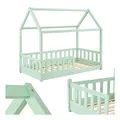 Juskys Kinderbett Marli 80 x 160 cm Rausfallschutz, Lattenrost & Dach Mint Hausbett Holz