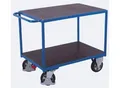 Schwerlast-Tischwagen, Stahl/Siebdruckplatte, Enzianblau/Dunkelbraun, 2 Etagen, L 1995 x B 800 mm, Vollgummi-Rollen mit EasySTOP, bis 1000 kg