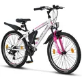 Licorne Bike Guide Premium Mountainbike in 20, 24 und 26 Zoll - Fahrrad für Mädchen, Jungen, Herren und Damen - Shimano 21 Gang-Schaltung, Kinderfahrrad, Kinder Farbe:Weiß/Rosa;Zoll:24