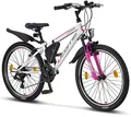 Licorne Bike Guide Premium Mountainbike in 20, 24, 26, 27.5 und 29 Zoll Fahrrad für Mädchen Jungen Herren und Damen (24 Zoll, Weiß/Rosa)