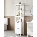 VASAGLE Hochschrank Badezimmer, Badezimmerschrank schmal, 2 Schubladen, 3 offene Fächer, 30 x 30 x 141,5 cm, Weiß - Weiß