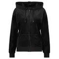 Kapuzennickijacke JUICY COUTURE "HALAN OVERSIZED HOODIE Damen", Damen, Gr. M, schwarz, 95% POLYESTER 5% ELASTAN, bequem, Langarm, Jacken, Trainingsjacke Damen, Sweatjacke mit Kapuze, Velour, Stickerei, Sale