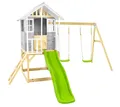 Holz Kinderspielhaus Valli mit Veranda Rutsche Doppelschaukel Grau 137x121x140
