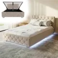 Juskys Polsterbett Nizza 120x200 cm Samt mit Stauraum, LED Beleuchtung & Lattenrost - Chesterfield Steppung & Kopfteil - Bett Bettgestell - Beige