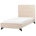 Polsterbett Beige Stoffbezug Leinenoptik Mit Lattenrost 90x200 Cm Hohes Kopfteil Gesteppt Holzbeine Modern Schlafzimmer Einzelbett Jugendbett