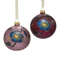Weihnachtskugeln Glas Lila mit Blumenmotiv, Glitzer Christbaumkugeln Set