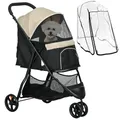 PawHut Hundewagen 2 in 1 Hundebuggy klappbar für Hunde & Katzen bis 10 kg Katzenbuggy mit Kissen Netzfenstern Türen Aufbewahrungskorb Katzenwagen Buggy Khaki